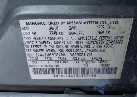 2005 Nissan Altima 2.5 S z USA, uszkodzony, nr VIN 1N4AL11D55C357446